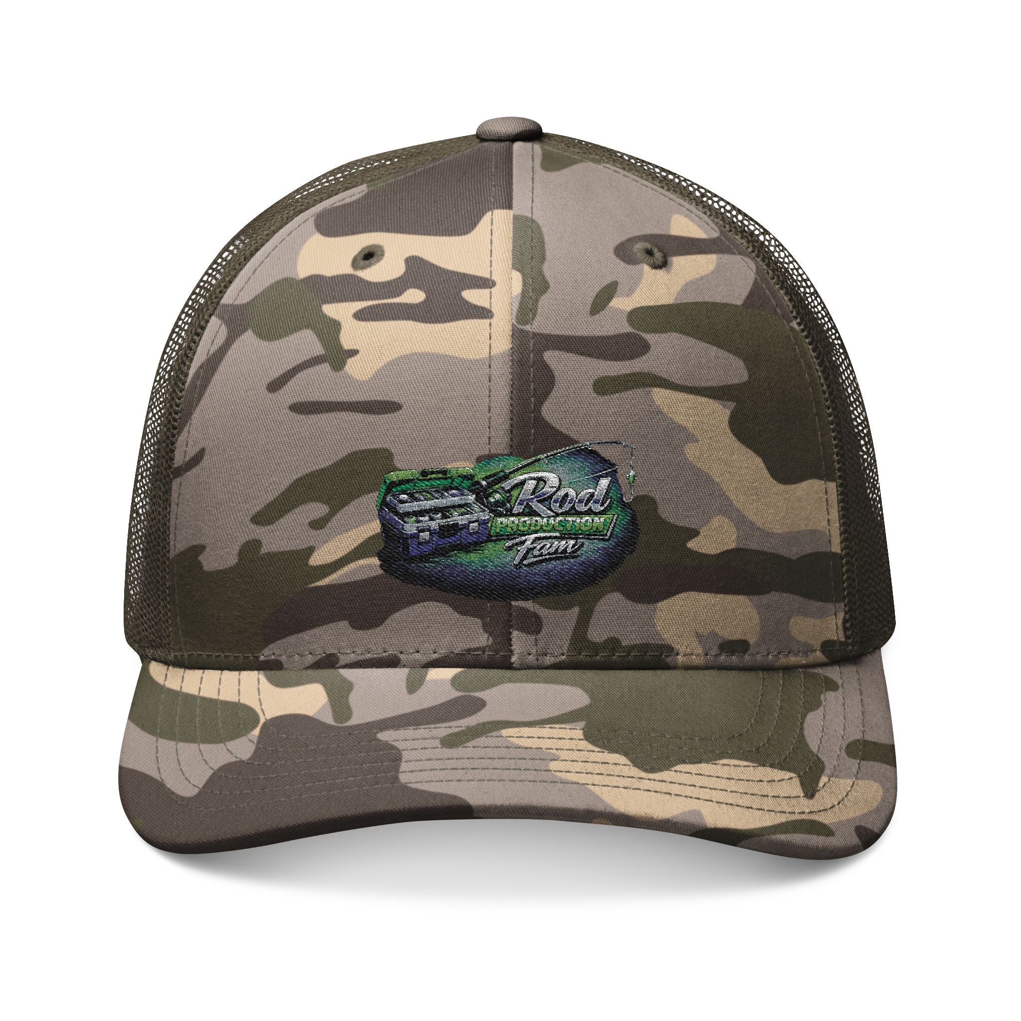 Camo Trucker Hat — Embroidered American Flag Crest