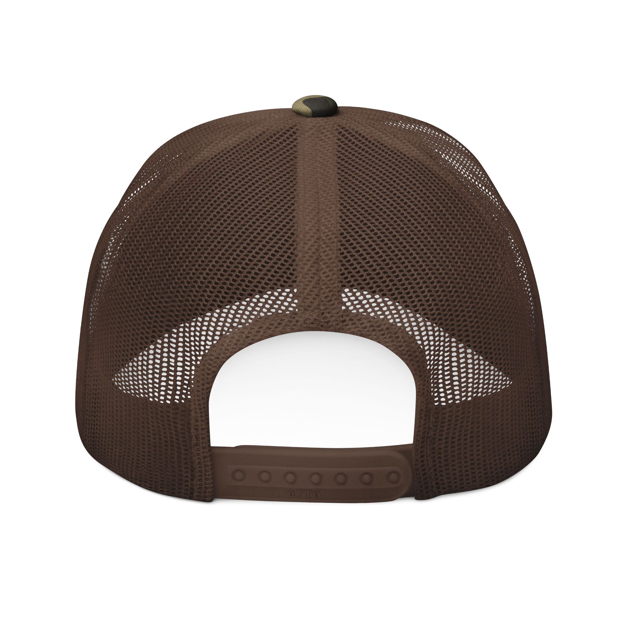 Camo Trucker Hat — Embroidered American Flag Crest