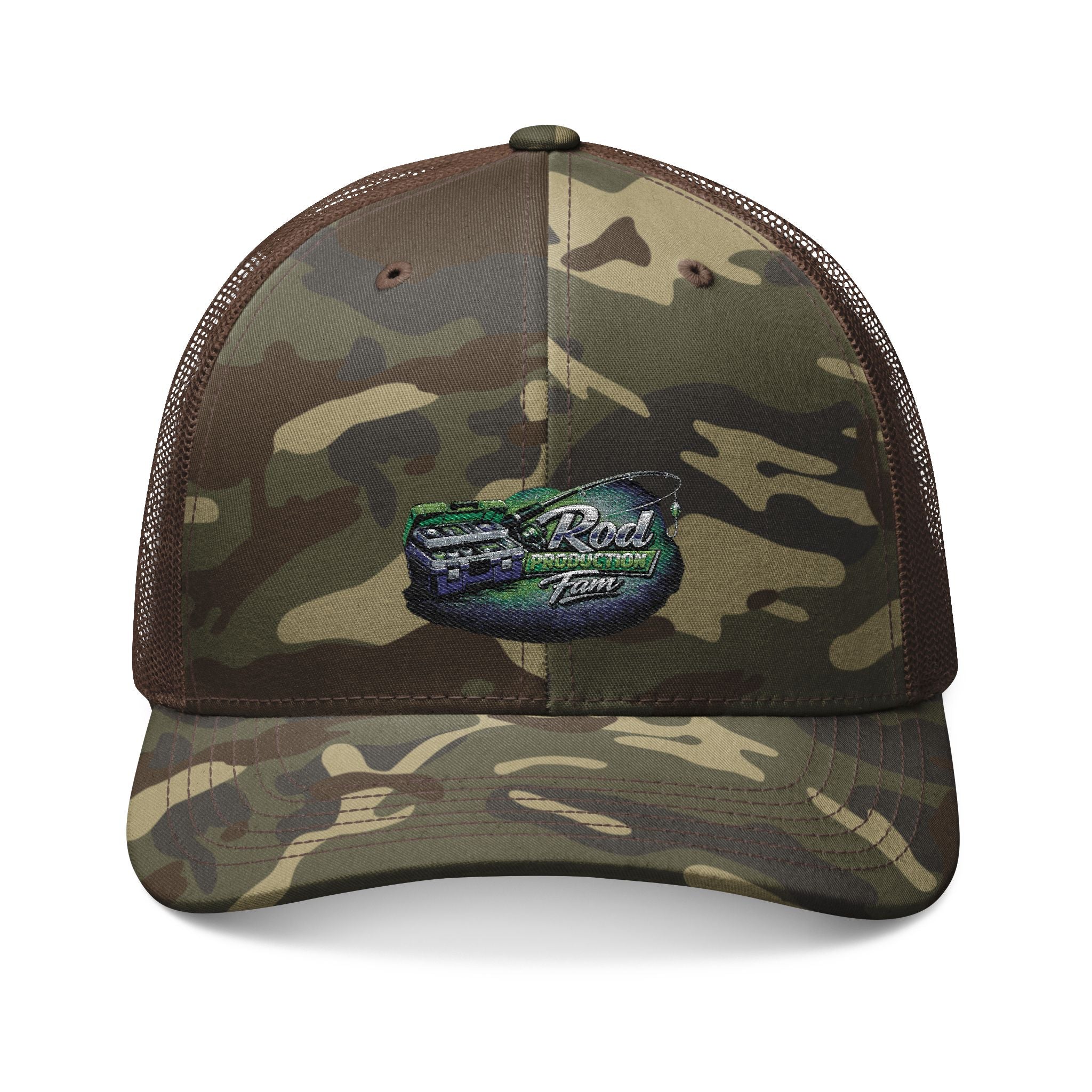 Camo Trucker Hat — Embroidered American Flag Crest
