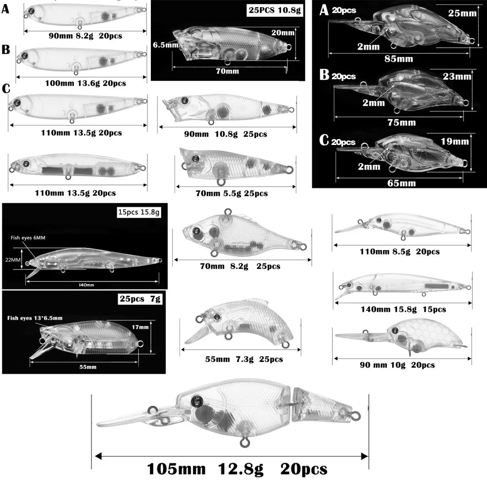 Fishing Baits Unpainted Blank Hard Lures DIY Crankbaits Minnows Popper VIB Pencil Transparent Artificial Baits Set