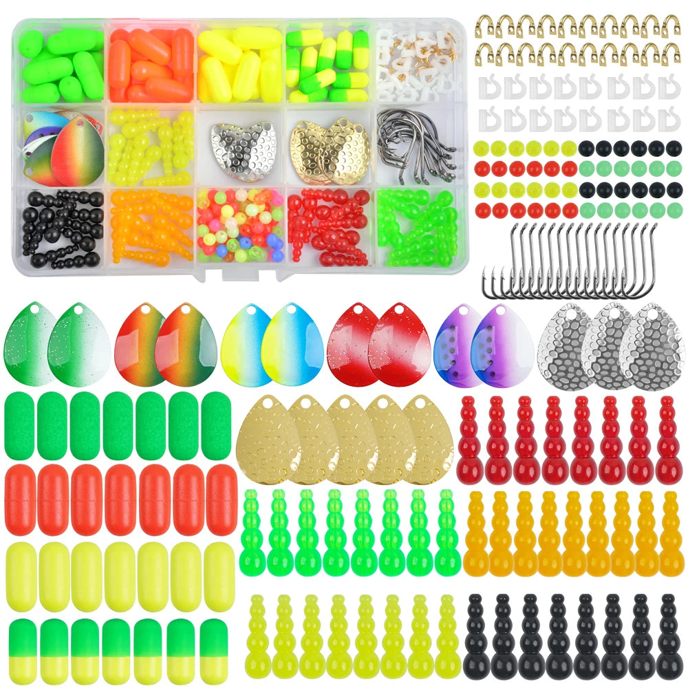 210Pcs Walleye Rig Making Kit Stacked Fishing Beads Spinner Blades Rig Foam Floats Clevis Crawler Harness Hooks Spinnerbait Lure