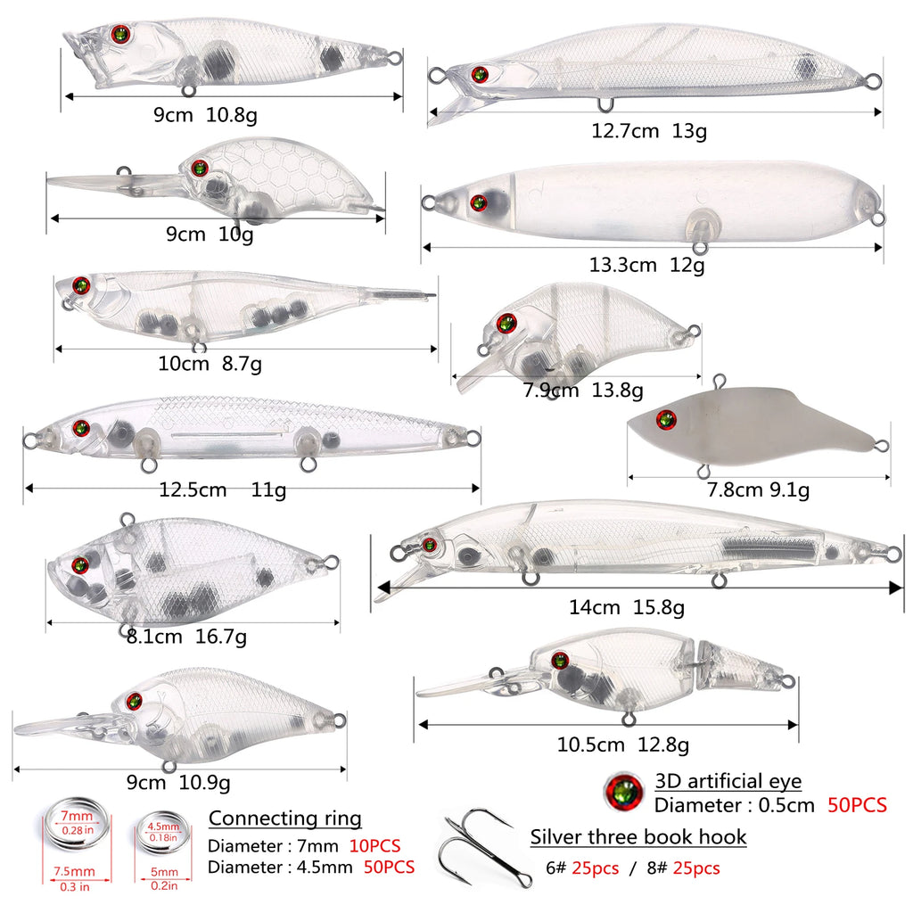 Fishing Baits Unpainted Blank Hard Lures DIY Crankbaits Minnows Popper VIB Pencil Transparent Artificial Baits Set