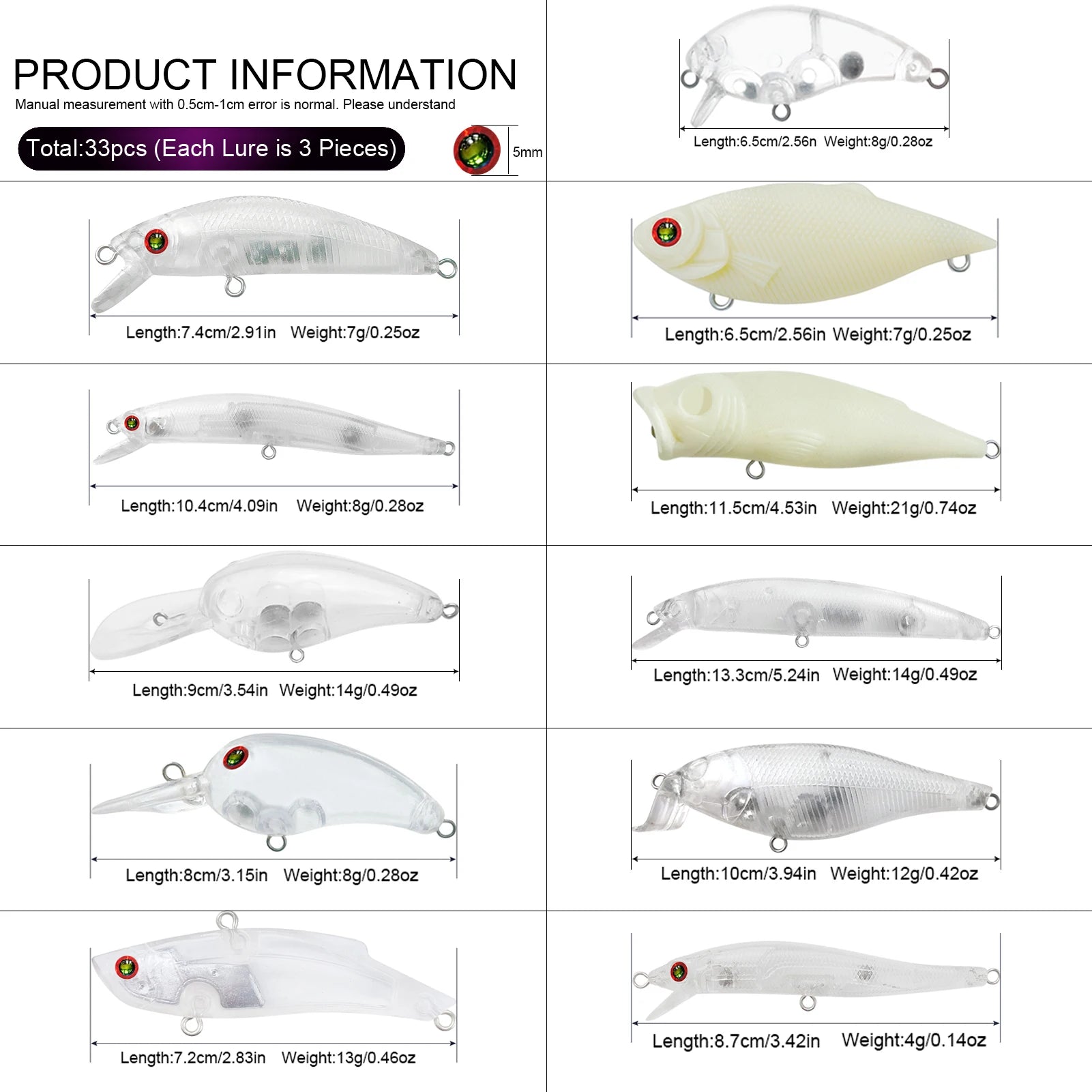 Fishing Baits Unpainted Blank Hard Lures DIY Crankbaits Minnows Popper VIB Pencil Transparent Artificial Baits Set