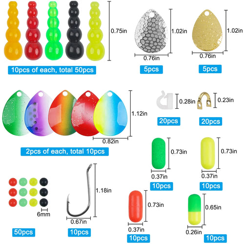 210Pcs Walleye Rig Making Kit Stacked Fishing Beads Spinner Blades Rig Foam Floats Clevis Crawler Harness Hooks Spinnerbait Lure