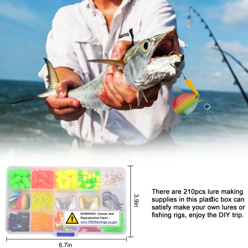 210Pcs Walleye Rig Making Kit Stacked Fishing Beads Spinner Blades Rig Foam Floats Clevis Crawler Harness Hooks Spinnerbait Lure