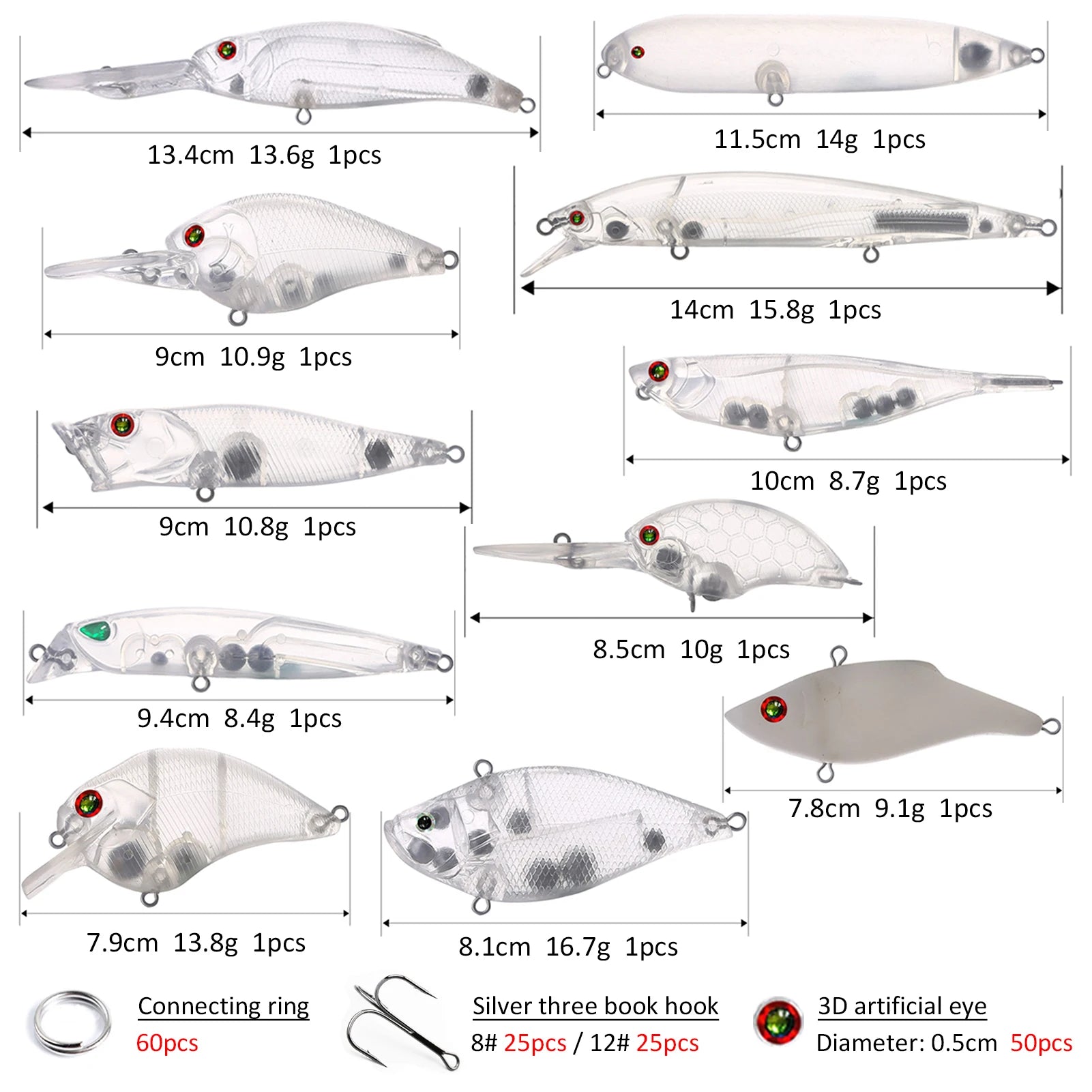 Fishing Baits Unpainted Blank Hard Lures DIY Crankbaits Minnows Popper VIB Pencil Transparent Artificial Baits Set